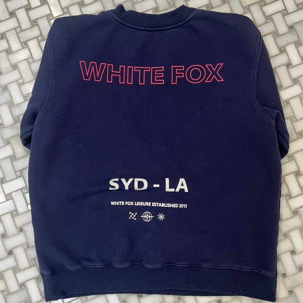 White Fox Boutique Navy Sweatshirt with Pink and White Accents